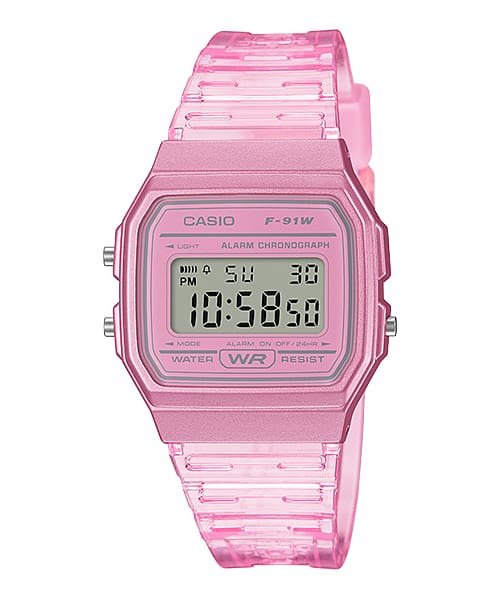 Die pinke F-91WS-4 Digitaluhr aus der Casio Timeless Collection mit pink-durchsichtigem Kunstharzarmband