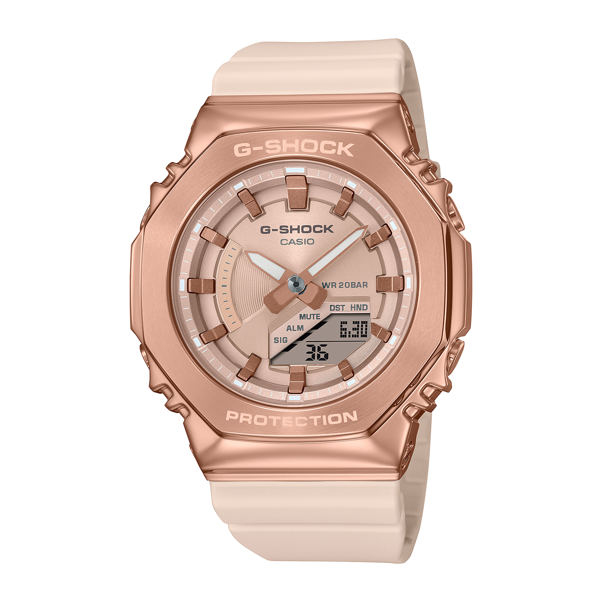 Die digital-analoge GM-S2100PG-4A Hybriduhr von Casio G-Shock mit Zifferblatt und Lünette in Roségold und rosanem Resin-Armband