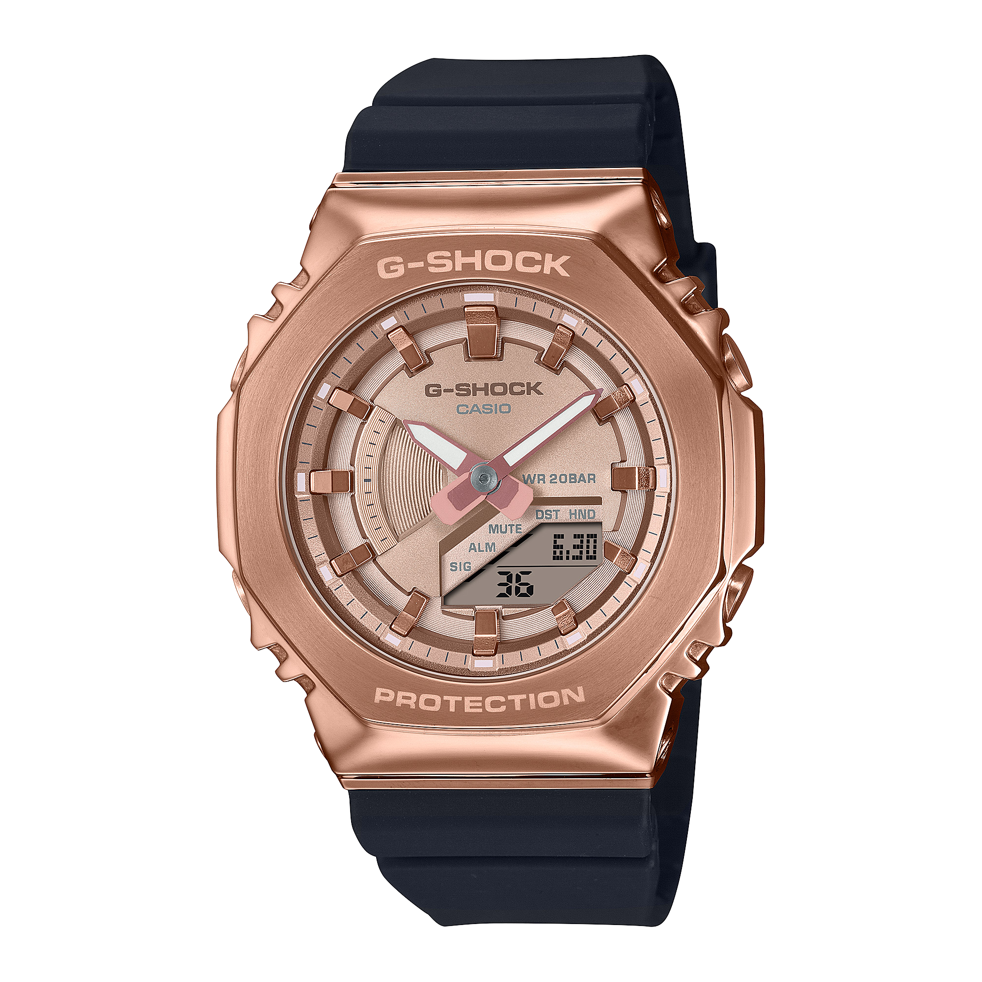 Die GM-S2100PG-1A4 Hybriduhr von Casio G-Shock mit schwarzem Armband und rosegoldener Edelstahllünette 