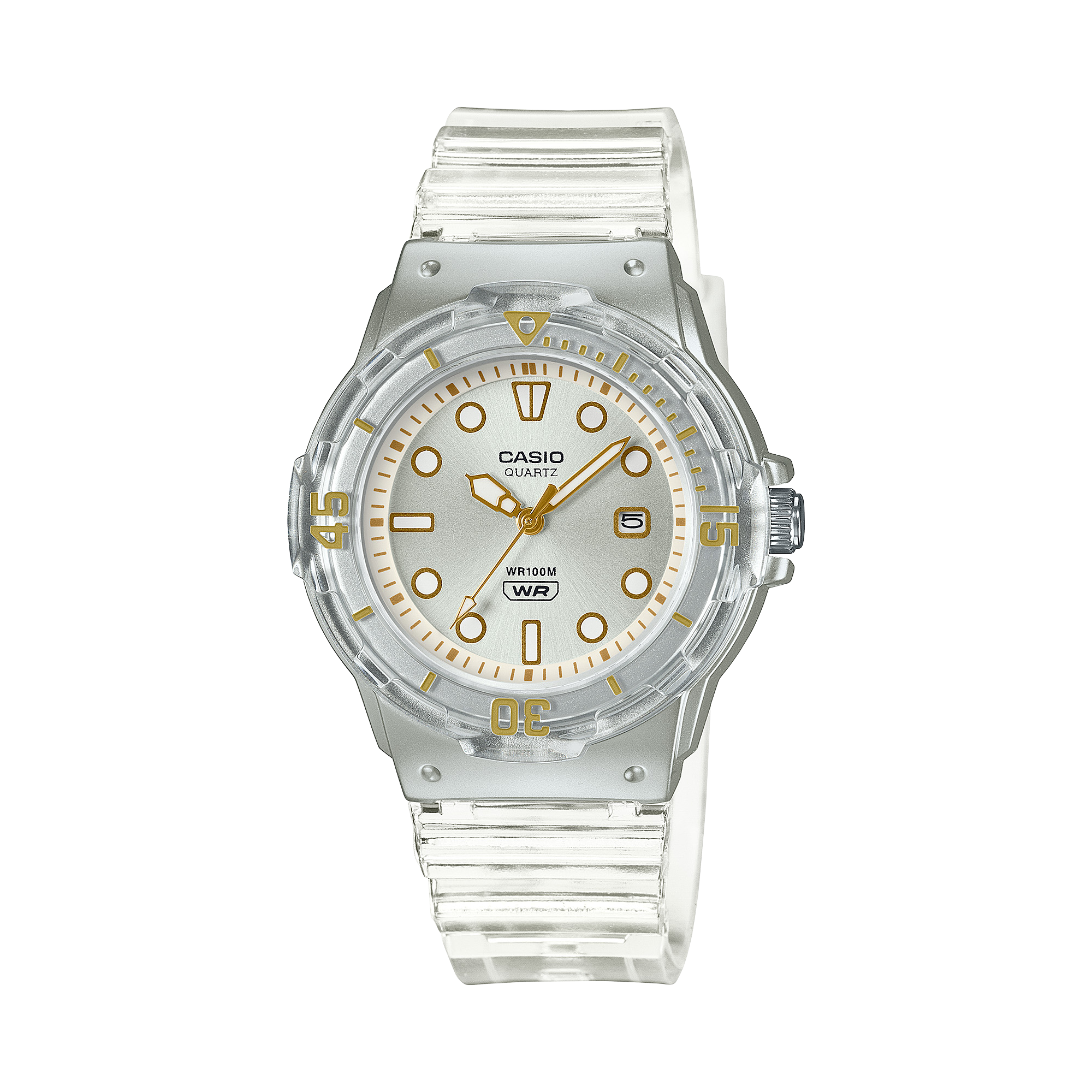 Die analoge Armbanduhr LRW-200HS-7 aus der Casio Timeless Collection mit hellem, metallisch glänzendem Zifferblatt und durchsichtigem Armband