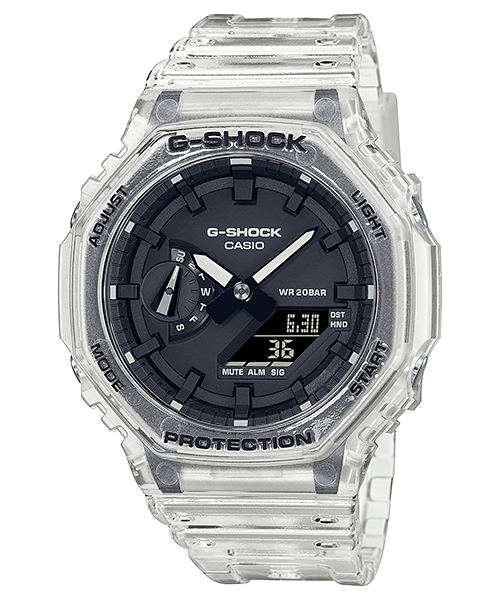 Die analog-digitale GA-2100SKE-7A Armbanduhr mit transparentem Armband und Schwarzem Zifferblatt