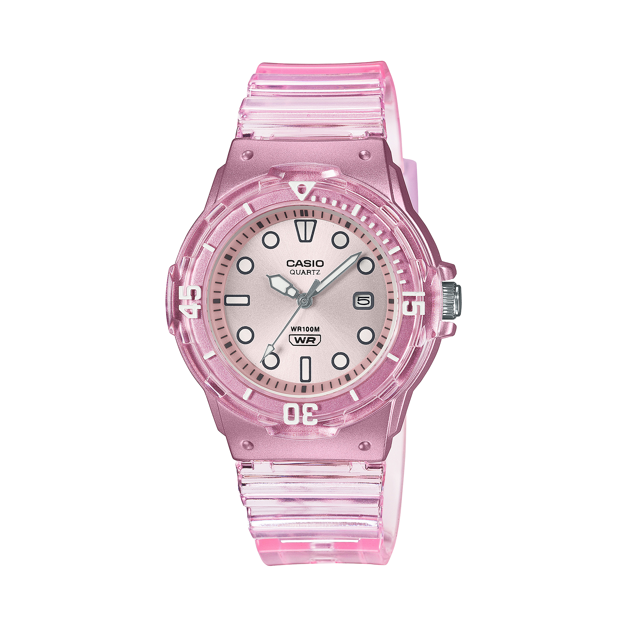 Die LRW-200HS-4EV Analoguhr aus der Casio Timeless Collection mit rosa-metallisch glänzendem Zifferblatt und durchsichtig-rosanem Armband