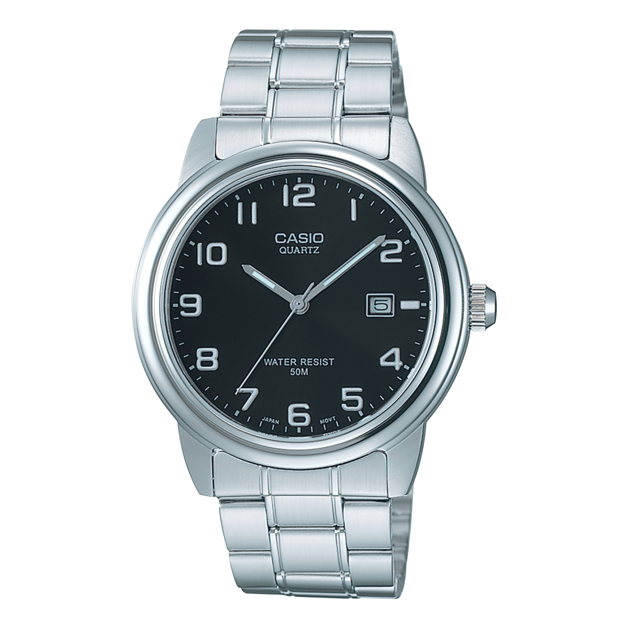 Die silberfarbene Edelstahluhr MTP-1221A-1AV mit schwarzem Zifferblatt