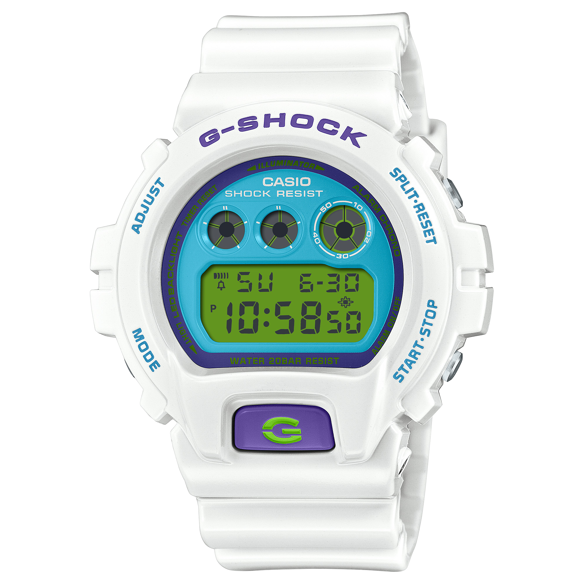 Die weiße G-Shock DW-6900RCS-7 mit leuchtend blauem Zifferblatt