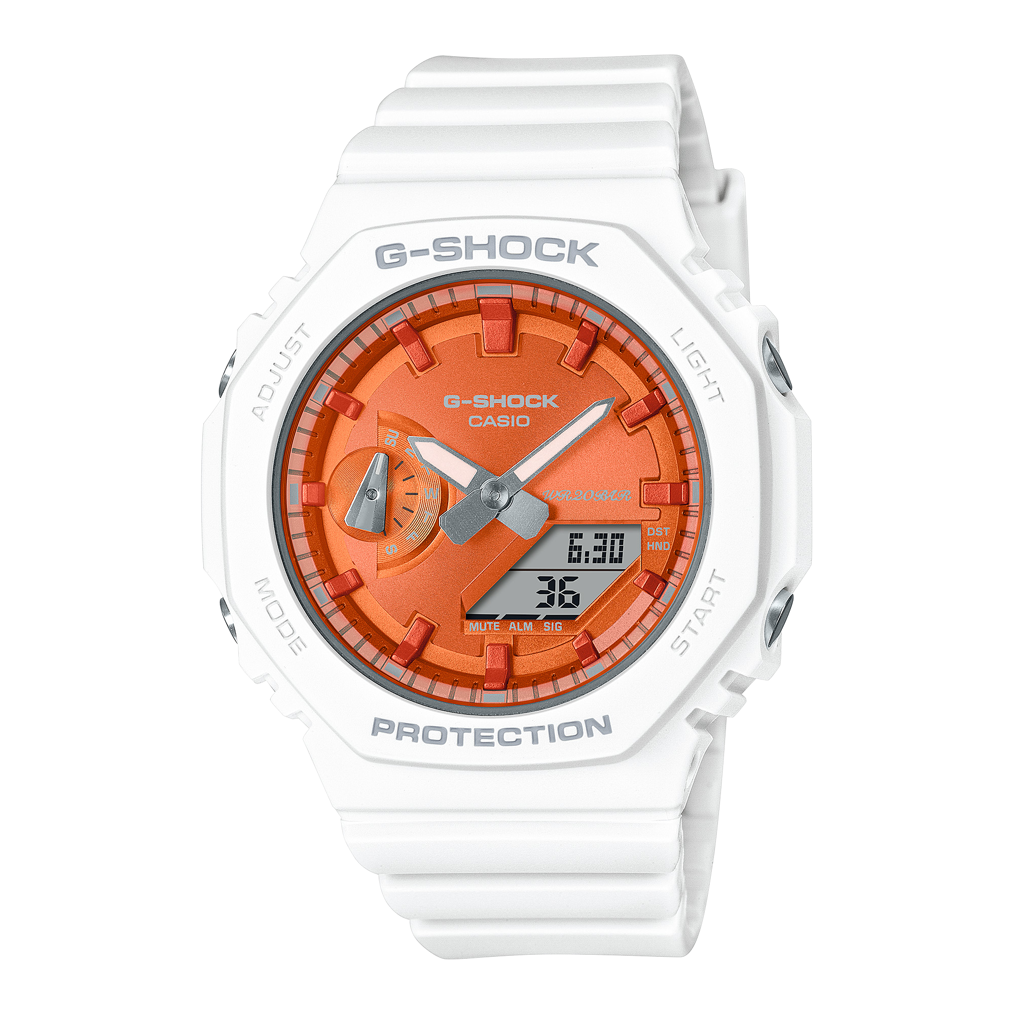 Die Hybriduhr GMA-S2100WS-7A aus der GMA-S-Serie von G-SHOCK mit weißem Resin-Armband und orangefarbenem Zifferblatt