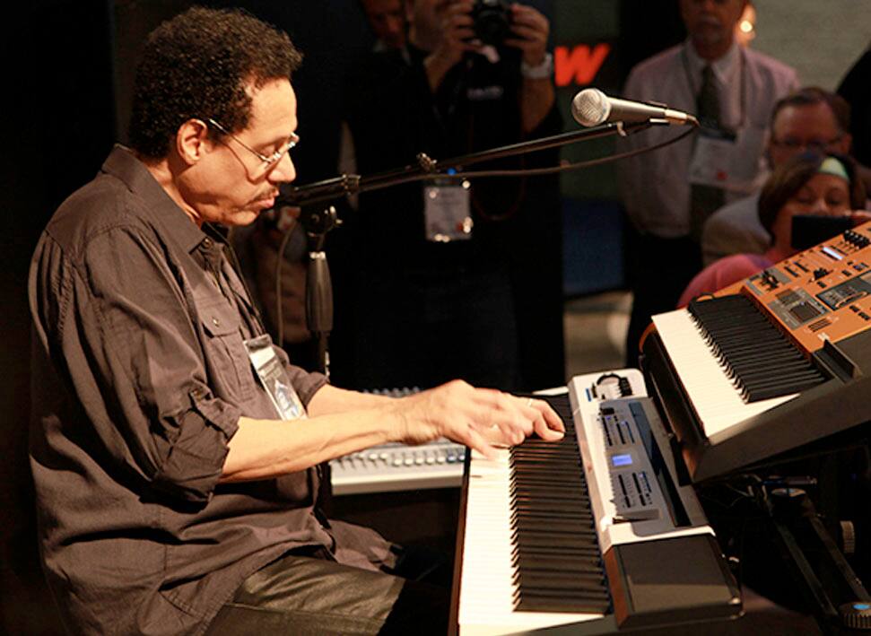 Larry Dunn plays a Privia PX-5S digital piano and XW-P1 synthesizer 2