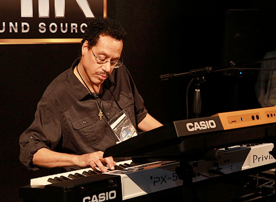 Larry Dunn plays a Privia PX-5S digital piano and XW-P1 synthesizer 3