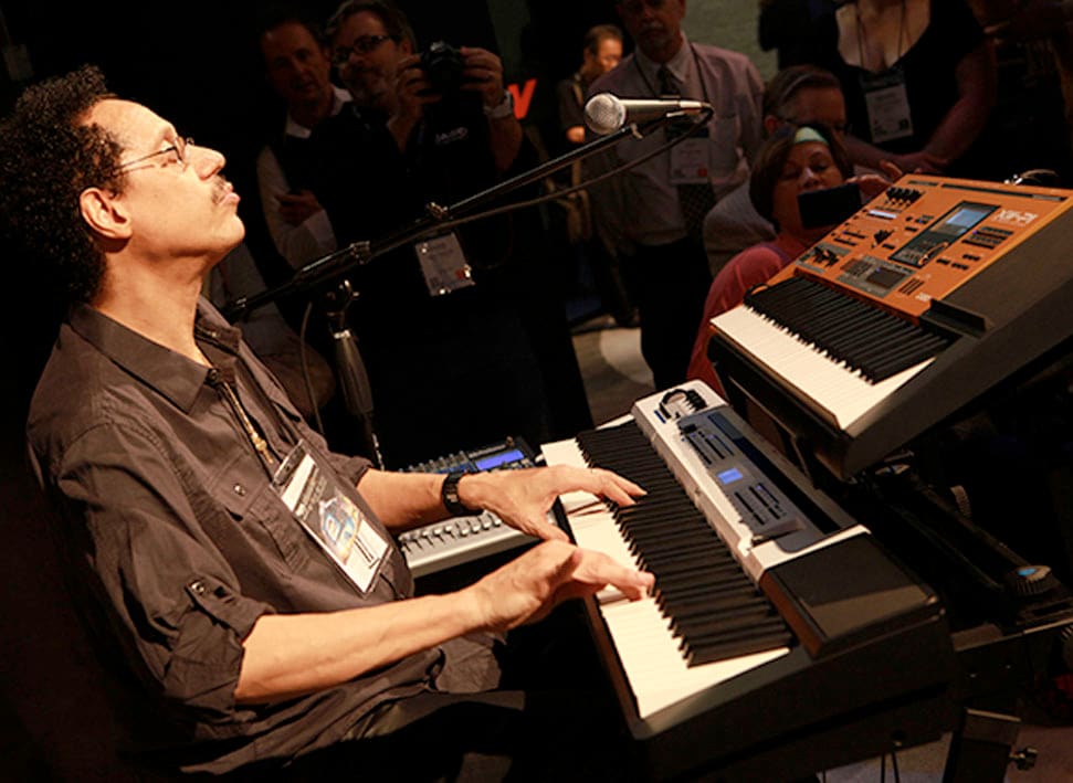 Larry Dunn plays a Privia PX-5S digital piano and XW-P1 synthesizer