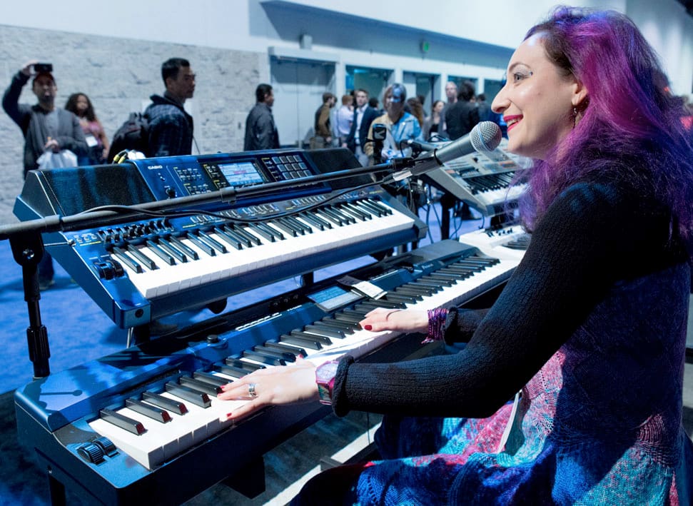 Rachael Sage playing Privia PX-560 digital piano and MZ-X500 arranger keyboard