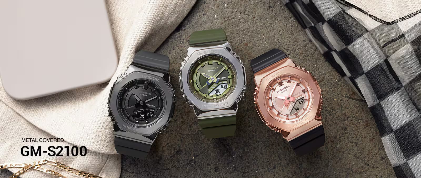 Up close view of three G-SHOCK luxury watches for women – the metal covered GM-S2100 collection of high-end women’s watches.