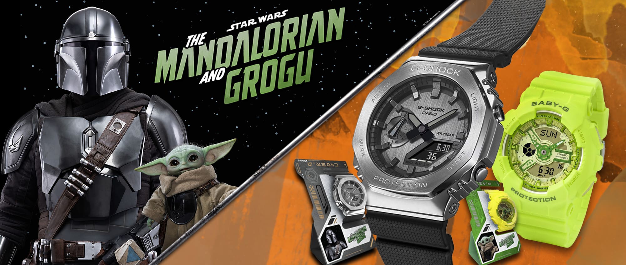 Die „Star Wars“-Figuren Mandalorian und Grogu neben den beiden Armbanduhren G-SHOCK GM-2100 in Schwarz und der hellgrünen BABY-G BA-110YK sowie den Uhrenständern.