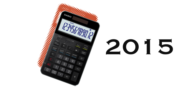2015: Der S100X Taschenrechner in schwarz mit kleinem Solarpanel über der rechteckigen Digitalanzeige und den großen, schwarzen Tasten.