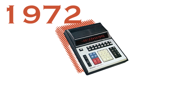1972: Flacher, schwarz-weißer Rechner mit unterschiedlichen Tasten und Rechenmöglichkeiten und schmaler, digitaler Anzeige.