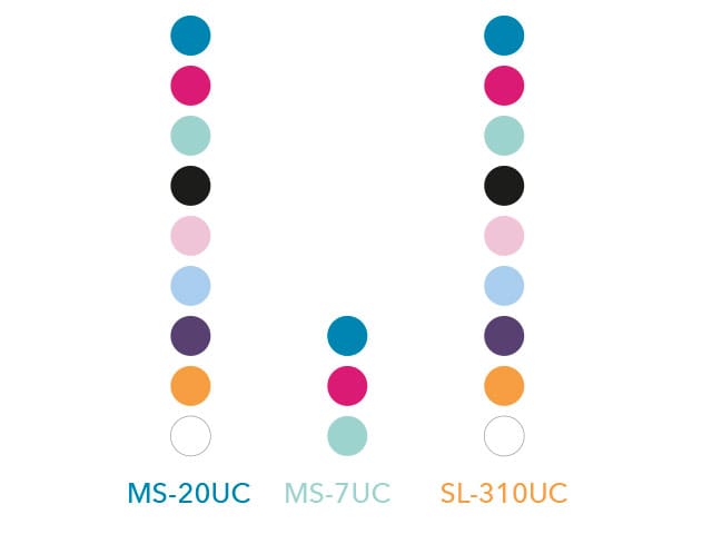 Auflistung unterschiedlicher Farbvarianten der Rechner MS-20UC, MS-7UC, SL-310UC: türkis, pink und hellblau etc.