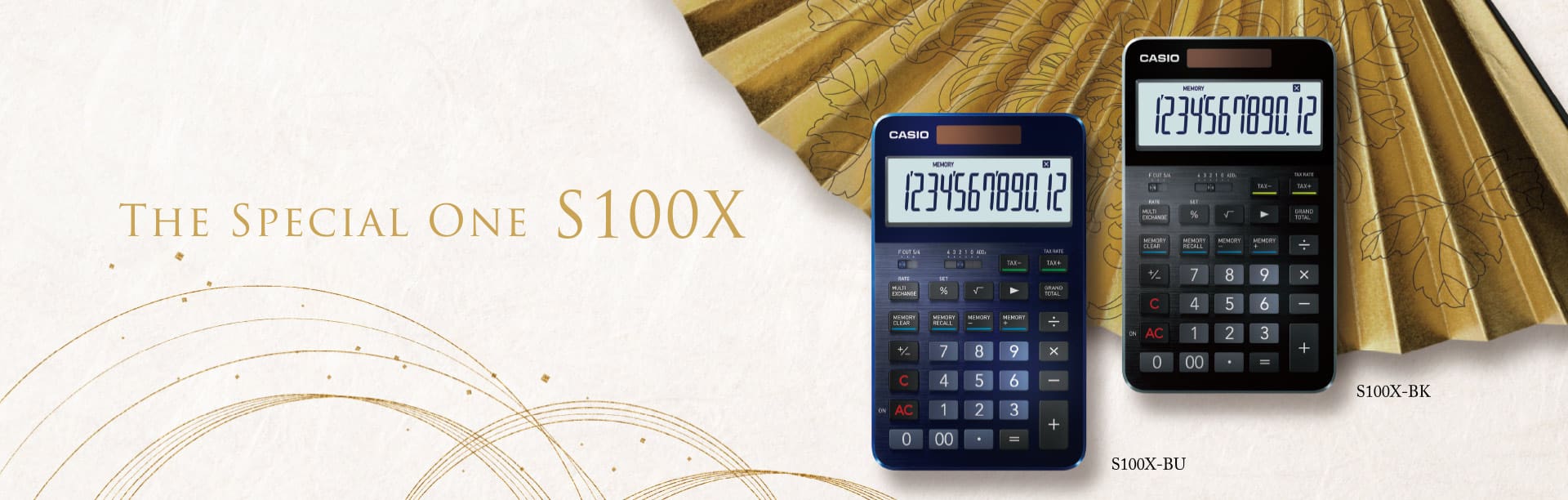 Casio Taschenrechner zwei edle Modelle in Blau S100X BU und Schwarz S100X BK vor goldverziertem Fächer