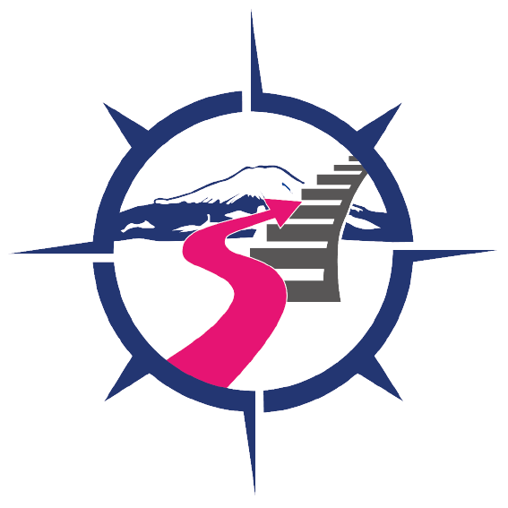 Pathfinder Logo: Eine Kompass-Outline, in der ein Weg und eine Treppe zu sehen sind