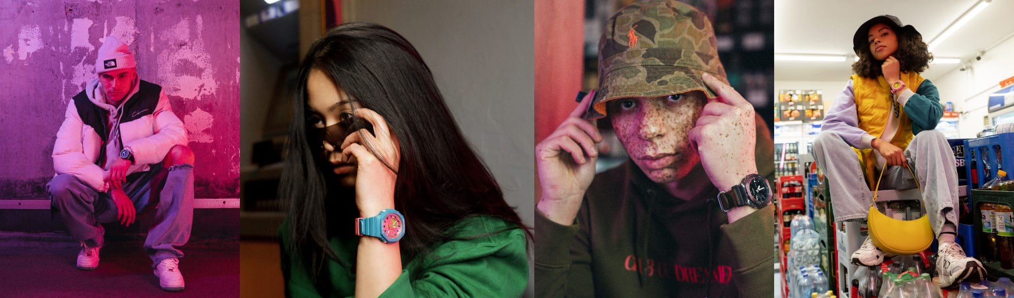 Vier unterschiedliche Bilder von jungen Personen in der Hocke, die eine CASIO G-SHOCK am Handgelenk tragen