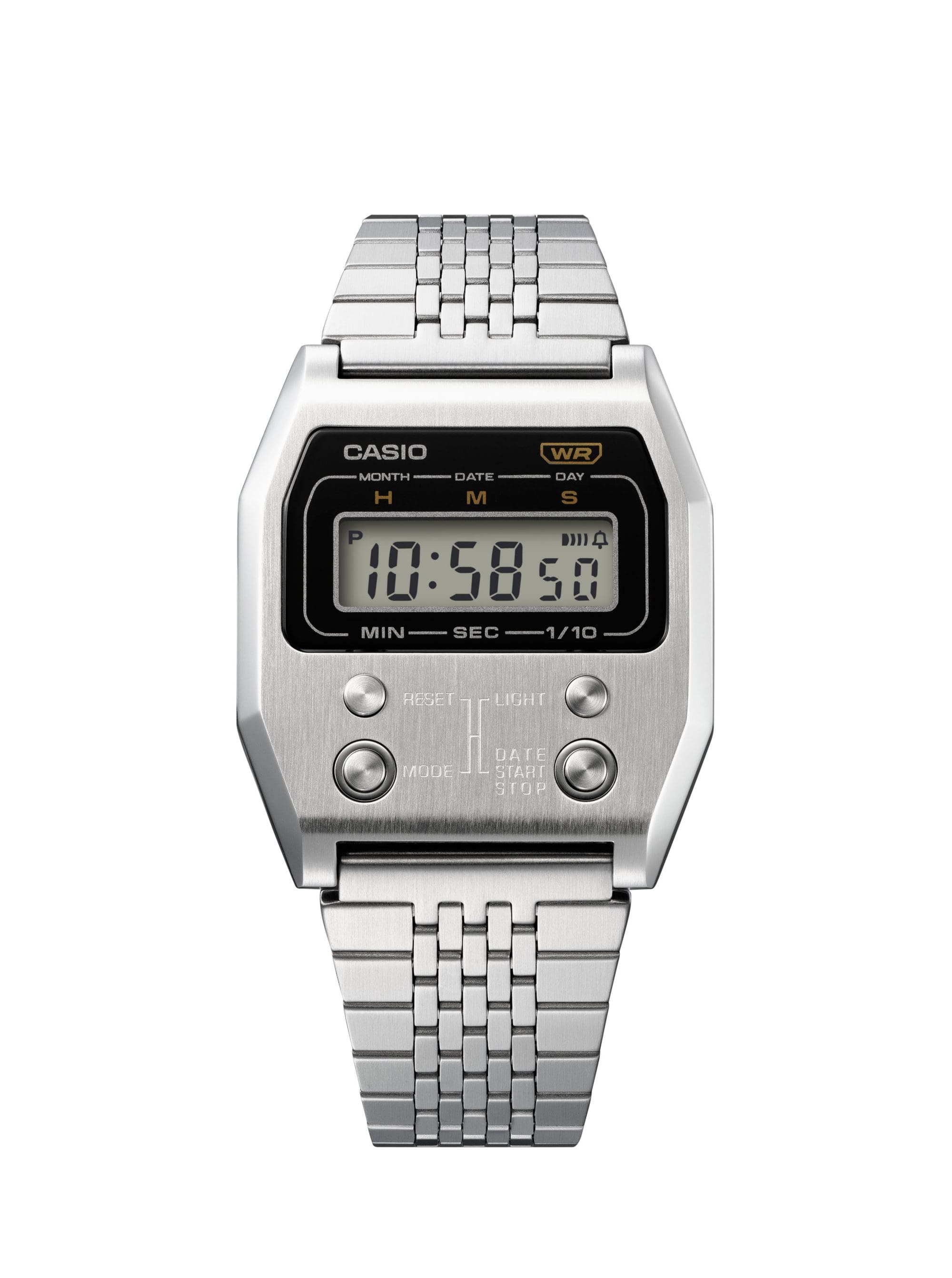 Die grau-silberne Armbanduhr A1100D-1 von Casio mit Metallarmband und kleiner digitaler Anzeige