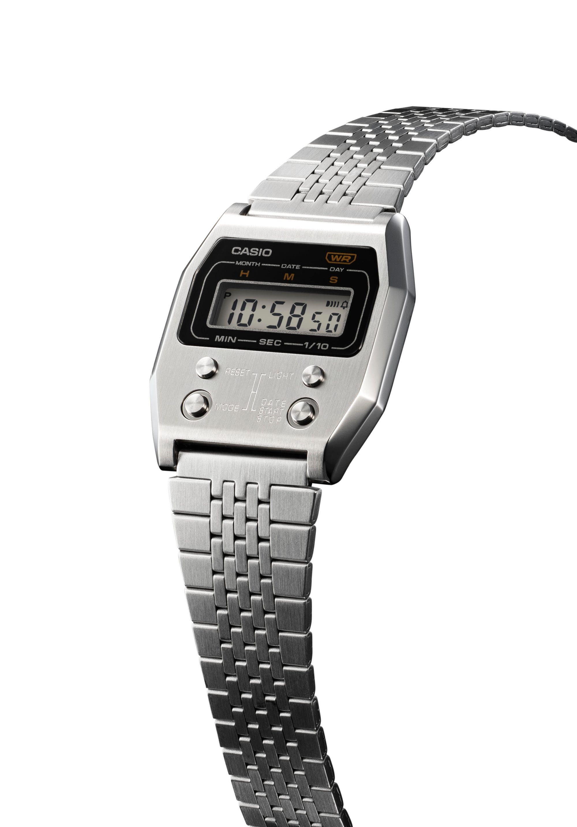 Seitliche Ansicht der A1100D-1 Armbanduhr mit Edelstahlarmband