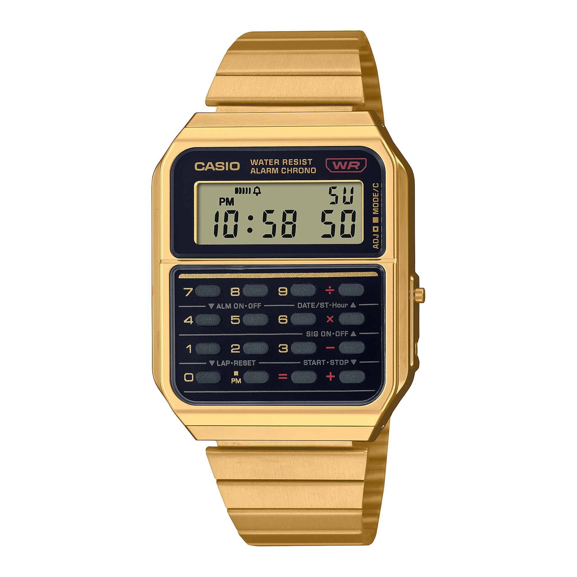 Casio Vintage CA-500WEG-1AER, die Taschenrechner-Uhr von CASIO mit goldenem Band und Lünette