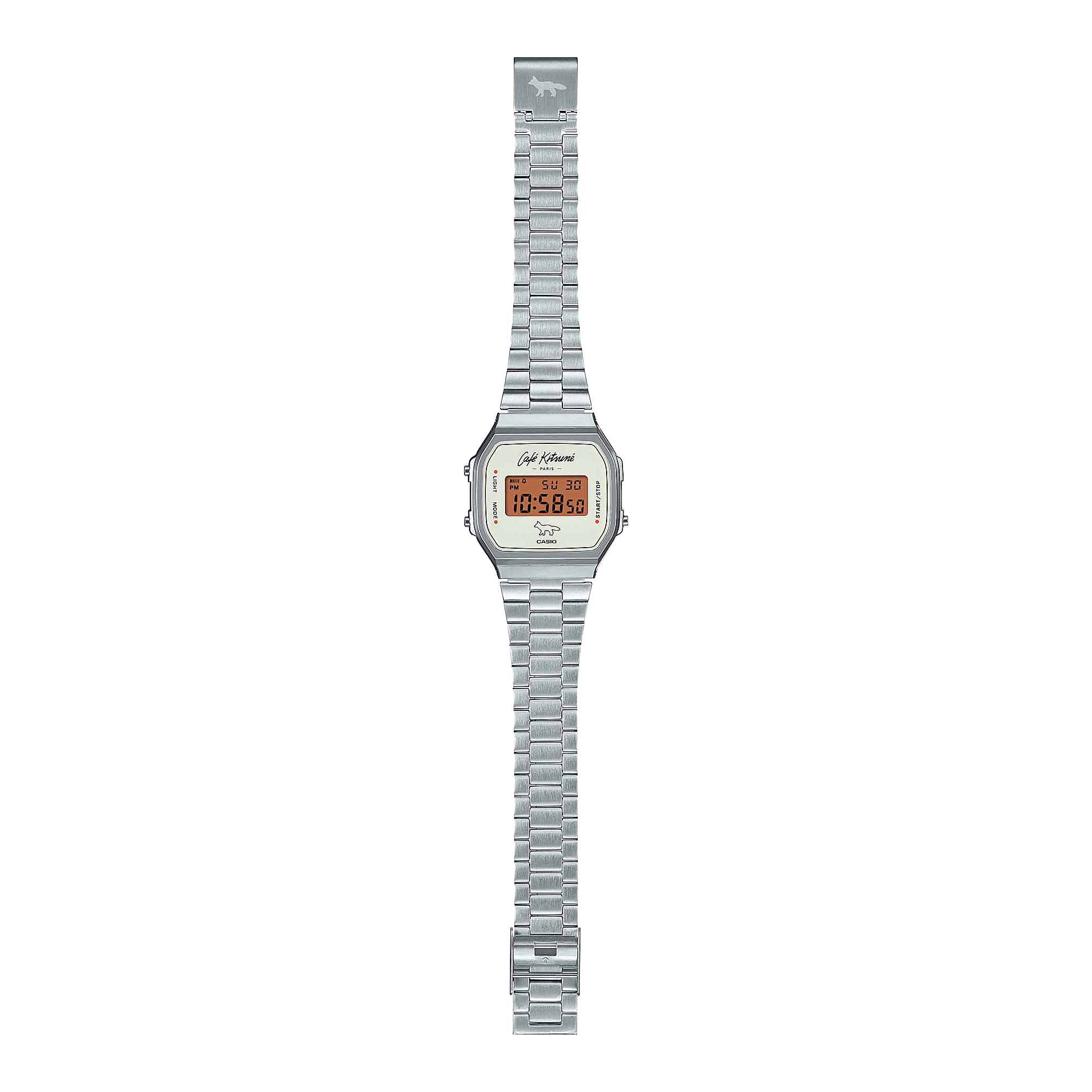 Vollständig abgebildetes silberfarbenes Armband der Casio Vintage Kollaborationsuhr A168WECK-7A