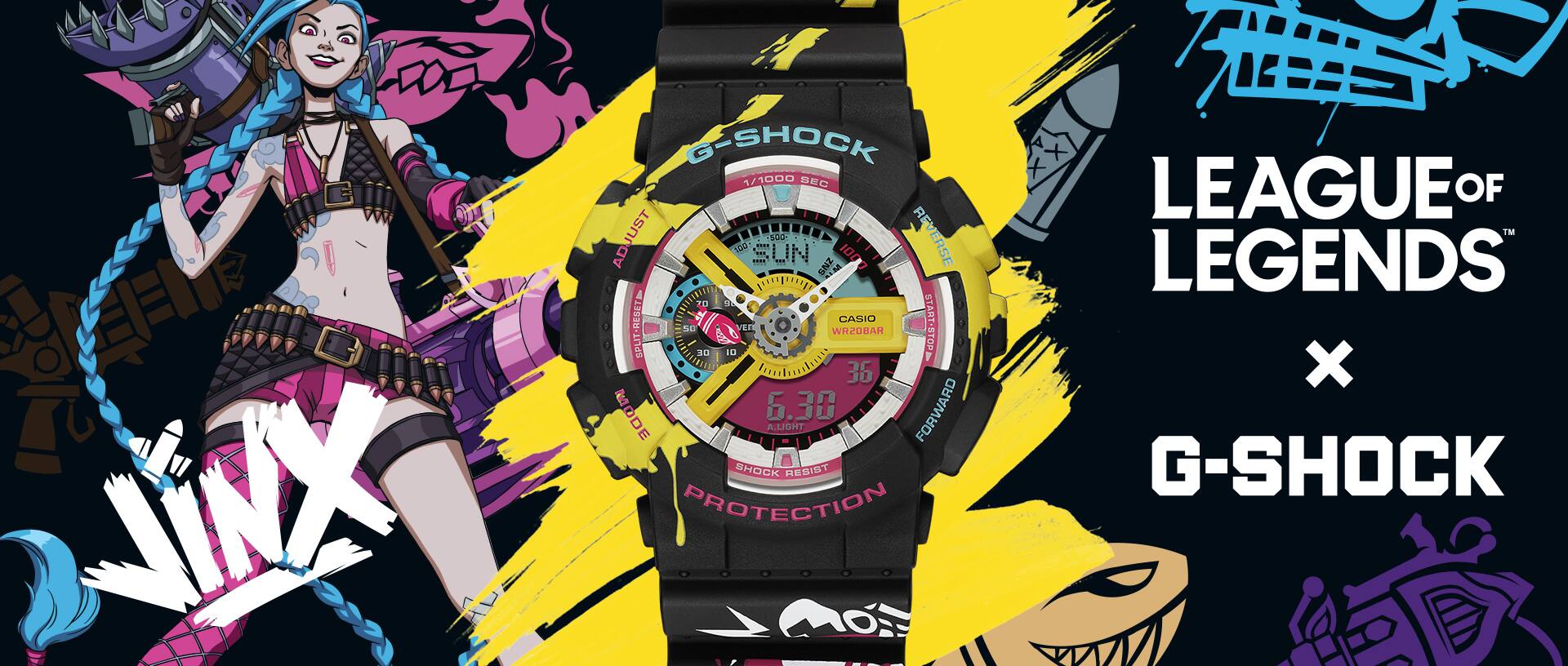 League of Legends Collaboration G-Shock Armbanduhr mit Jinx-Figur vor einem pink-gelben Hintergrund