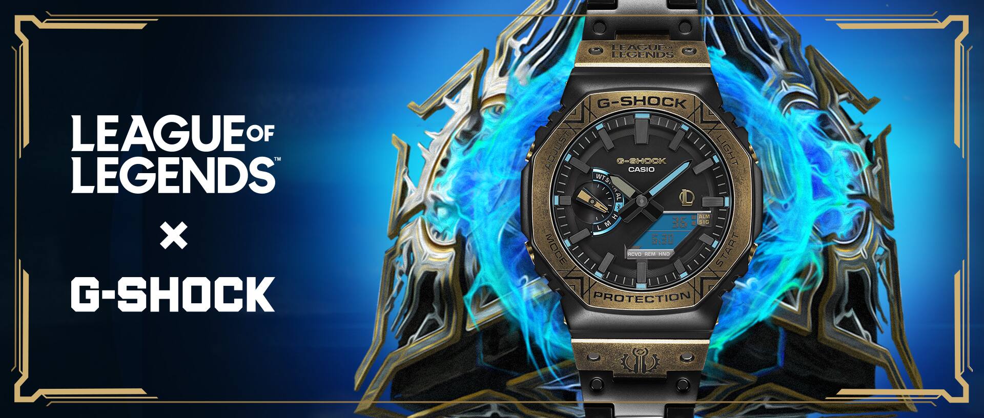 League of Legends Collaboration: G-SHOCK Uhr vor einem blauen Hintergrund