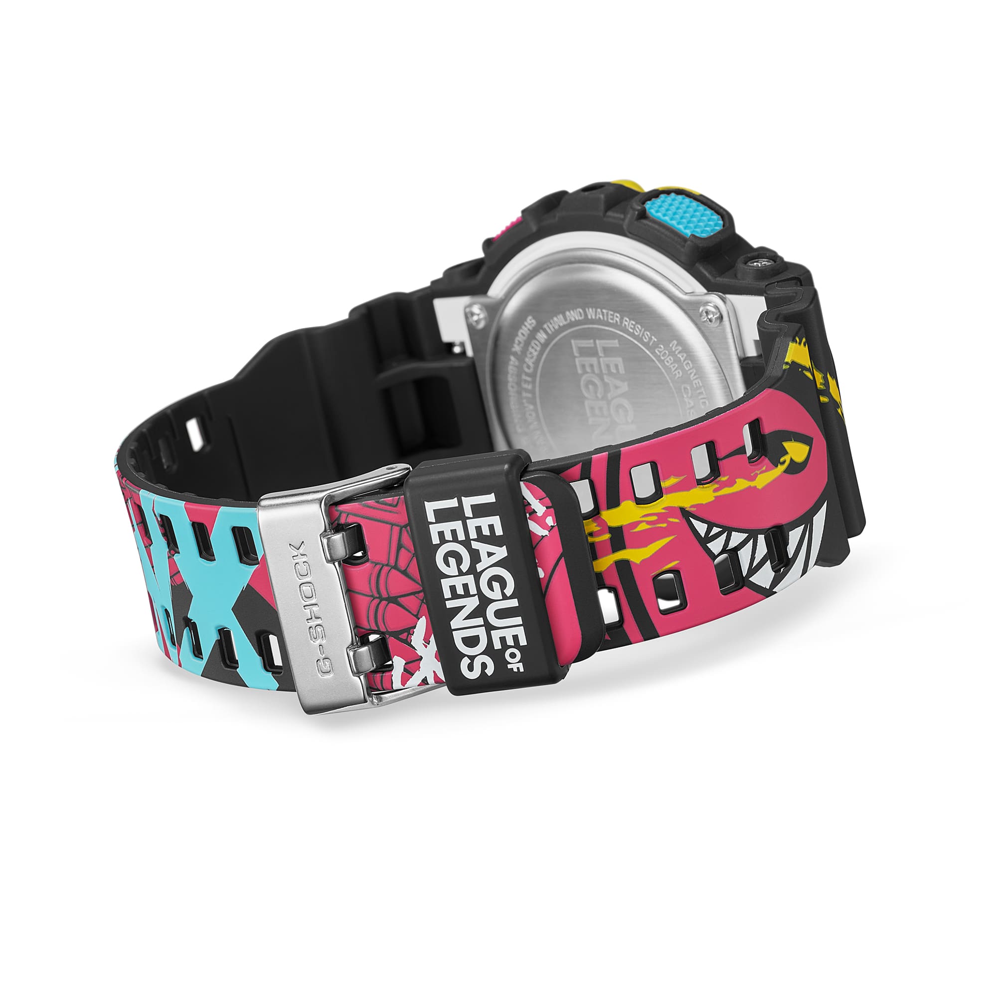 Blick auf die Rückseite der GA-110LL-1A mit geschlossenem, pink-türkisem Resin-Armband und League of Legends-Schriftzugs auf der Armbandschlaufe