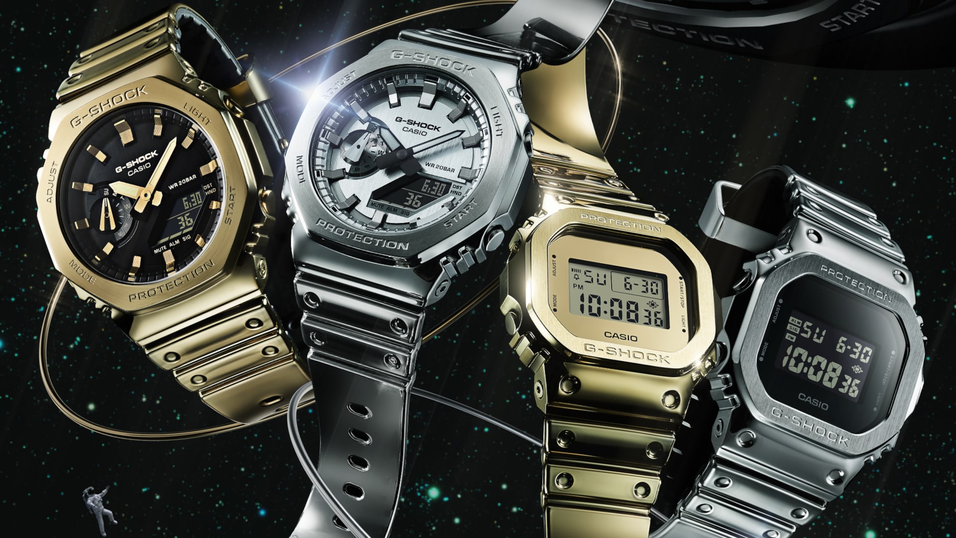 Die vier G-Shock Fine Metallic Modelle GM-2100YMG, GM-2100YM, GM-5600YMG und GM-5600YM schweben im Weltraum