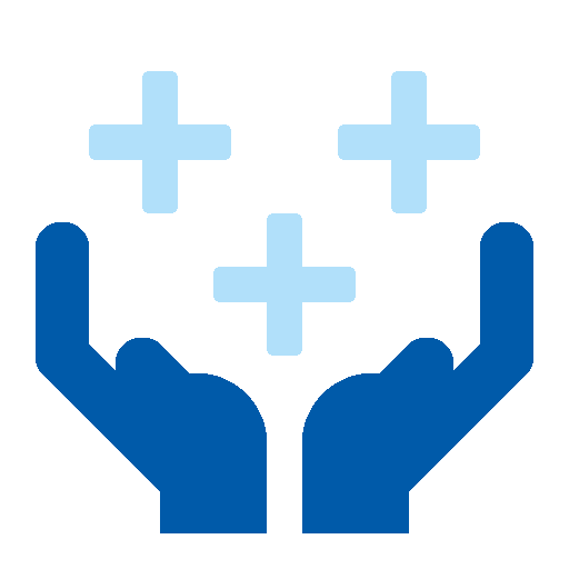 Icon zu Corporate Benefits: Zwei Hände, aufgehalten, darüber sind drei Plus-Zeichen abgebildet.