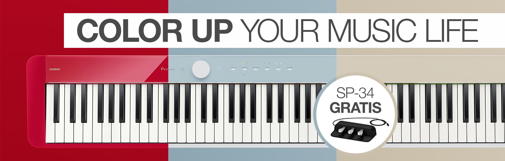 Eine Collage aus drei unterschiedlichen Farbvarianten des Privia Modells PC-S1100, darüber der Schriftzug "Color up you music life"