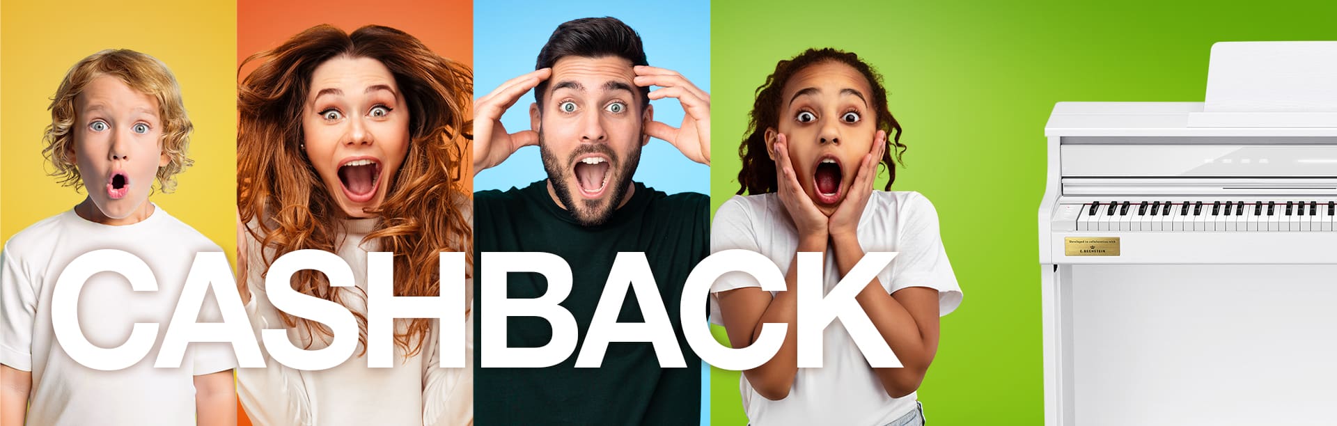 Vier überraschte Personen hinter einem weißen CASIO-Klavier mit dem Schriftzug „CASHBACK“; das Bild führt zur Cashback-Aktionsseite.