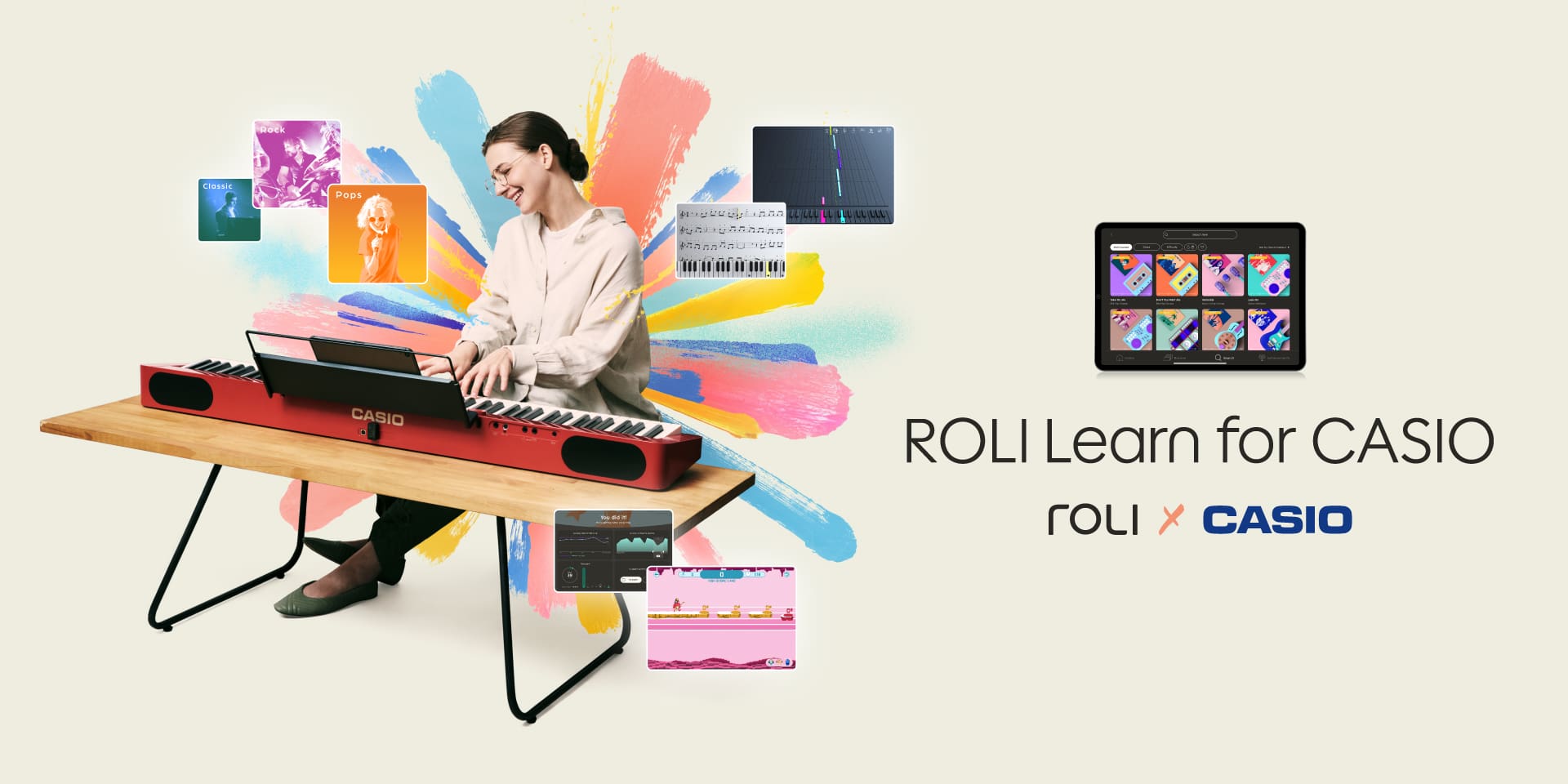 Eine Frau sitzt an einem Keyboard, daneben der Text "ROLI Learn for CASIO", Verlinkung zur Seite von ROLI, um den 30-tägigen kostenlosen Test der App zu starten.