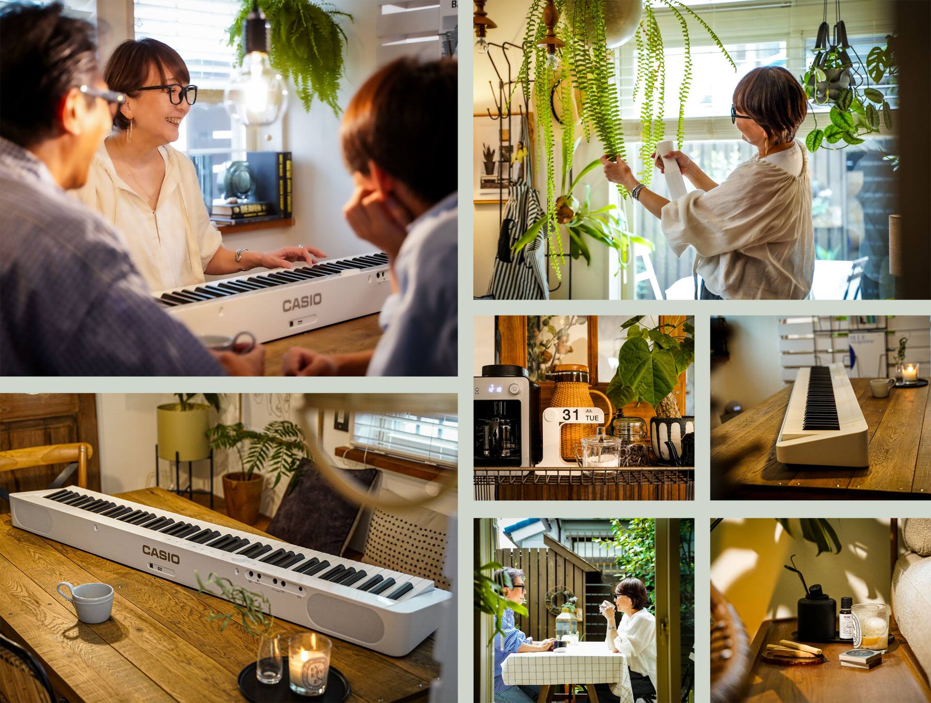 Bildergalerie mit Life-Style-Bildern von Innenarchitektin Naoko Murakami und ihrem Leben mit dem weißen Privia Digitalpiano in ihrem Zuhause in Yokohama.