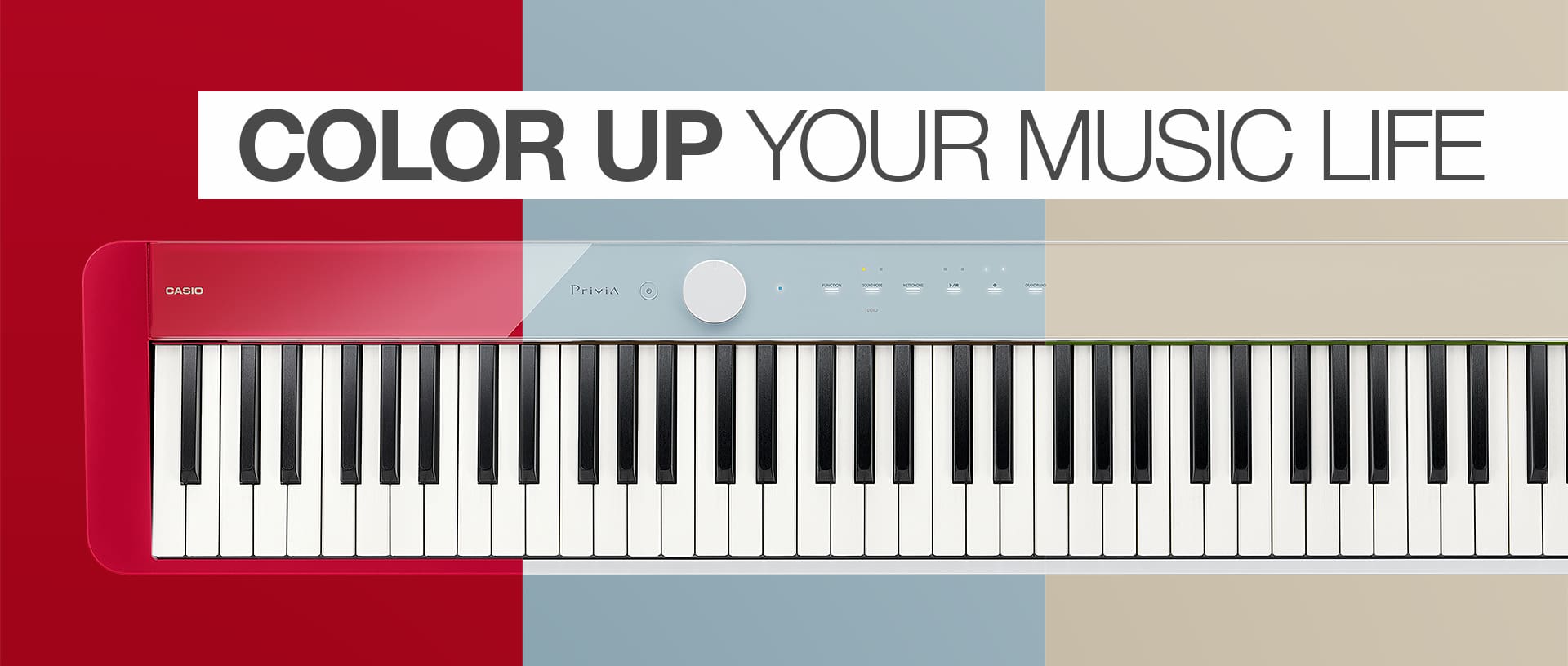 Das Privia PX-S110 in unterschiedlichen Farbvarianten als Collage, darüber der Schriftzug "Color up your Music Life"