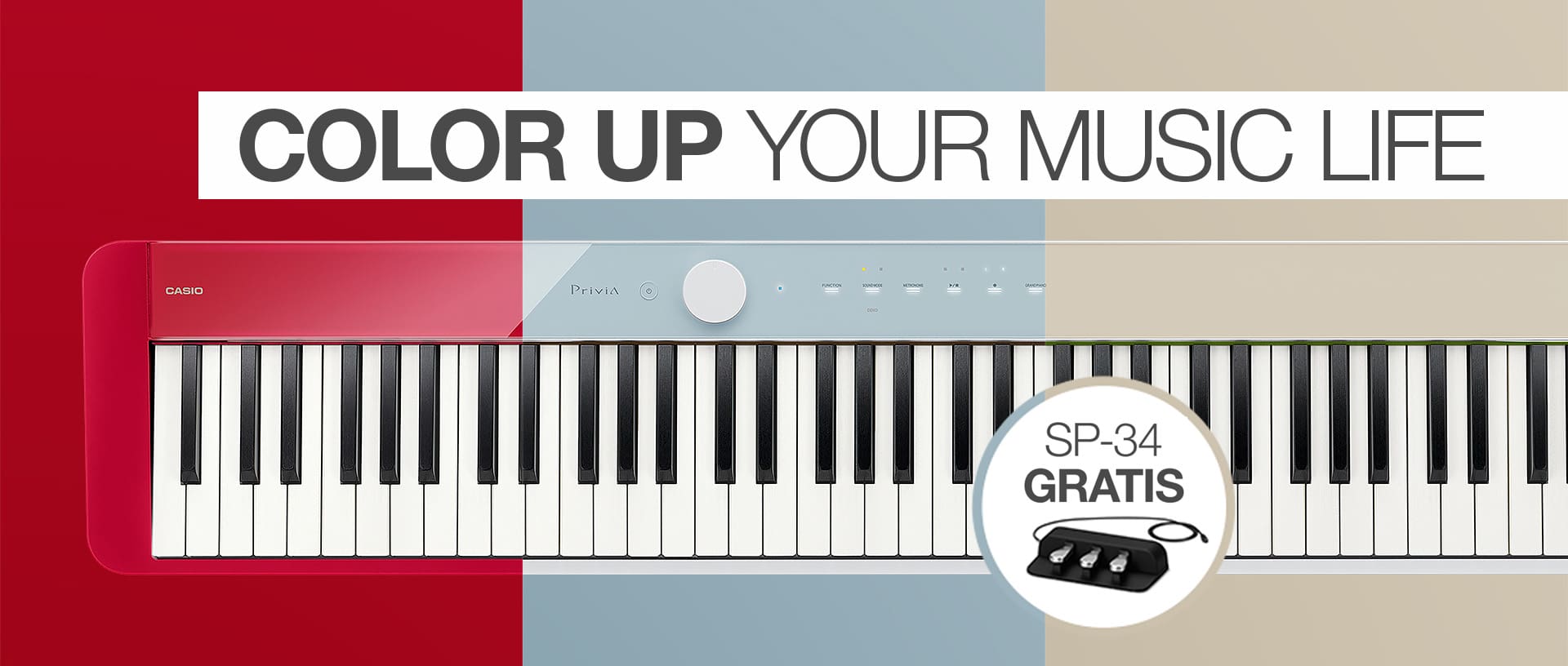 Eine Collage aus drei unterschiedlichen Farbvarianten des Privia Modells PC-S1100, darüber der Schriftzug "Color up you music life"