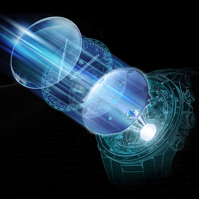 Einzelne Module einer Uhr, die zeigt, wie die Lichtstrahlen in die Uhr eindringen.
