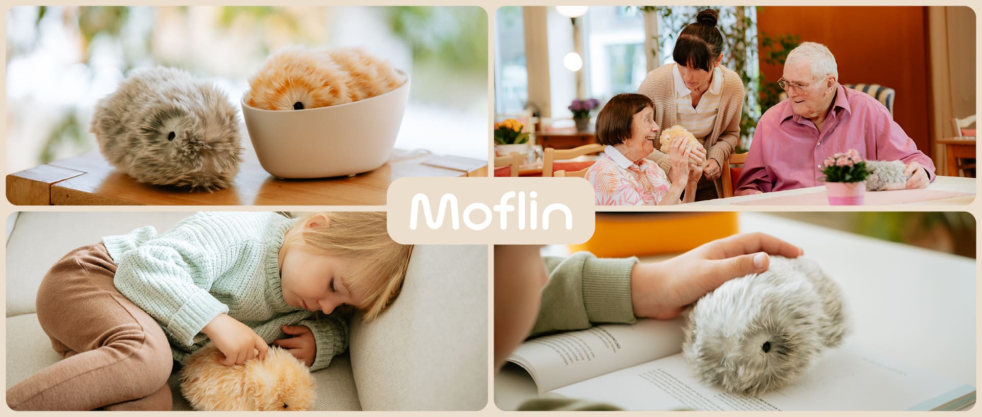 Eine Collage aus vier Situationsbildern mit Moflin: Eine Pflegerin gibt einer Patientin einen Moflin in die Hand, ein grau-silberner Moflin wird gestreichelt, ein kleines Mädchen kuschelt mit einen gold-braunen Moflin und zwei Moflins auf einem Tisch.