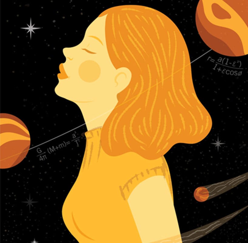 Illustration einer Frau in Orange-Tönen mit geschlossenen Augen im Weltall 