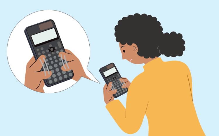 Illustration einer Frau, die mit ihren Fingern auf einem Grafikrechner von CASIO hin- und herfährt.