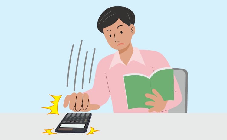 Illustration einer Person, die massiv auf die Tasten eines CASIO Grafikrechners drückt.