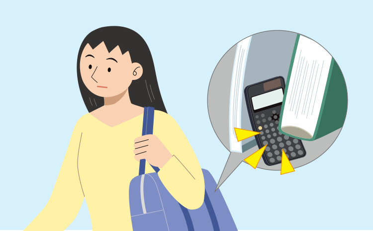 Illustration einer Frau, die in ihrer Handtasche einen Grafikrechner von CASIO transportiert, im Close-Up sieht man ein Buch, das auf dem Rechner liegt.