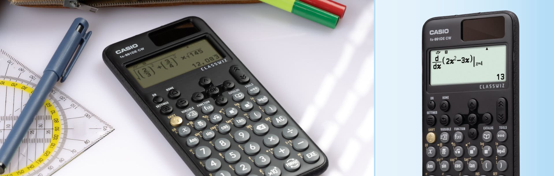 Wissenschaftliche Taschenrechner von CASIO: Der "fx-991 DE-CW" mit Classwiz Funktion auf einem Schreibtisch.