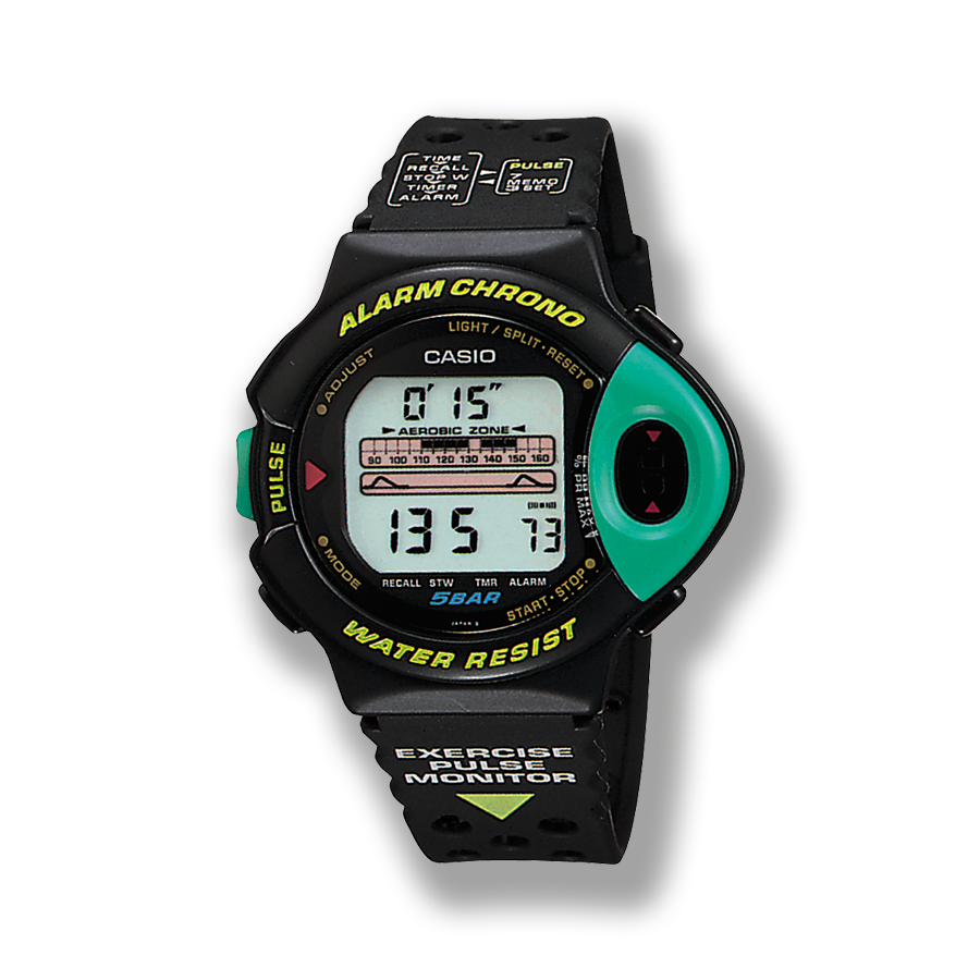 Die Armbanduhr JP-200W mit schwarzem Resinband, rundem Gehäuse und digitaler Anzeige, großem, grünem Knopf auf der rechten Seite.