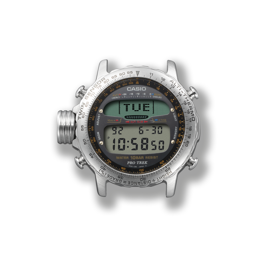 Das silberfarbene Gehäuse der ALT-7000 Armbanduhr mit runder, digitaler Anzeige und großem seitlichem Knopf.