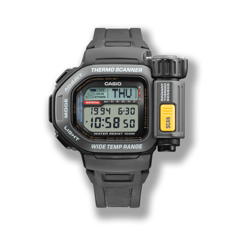 Die TSR-100 Armbanduhr in grau mit digitaler Anzeige und Gehäuse in C-Form sowie einem kleine Rädchen an der rechten Seite.
