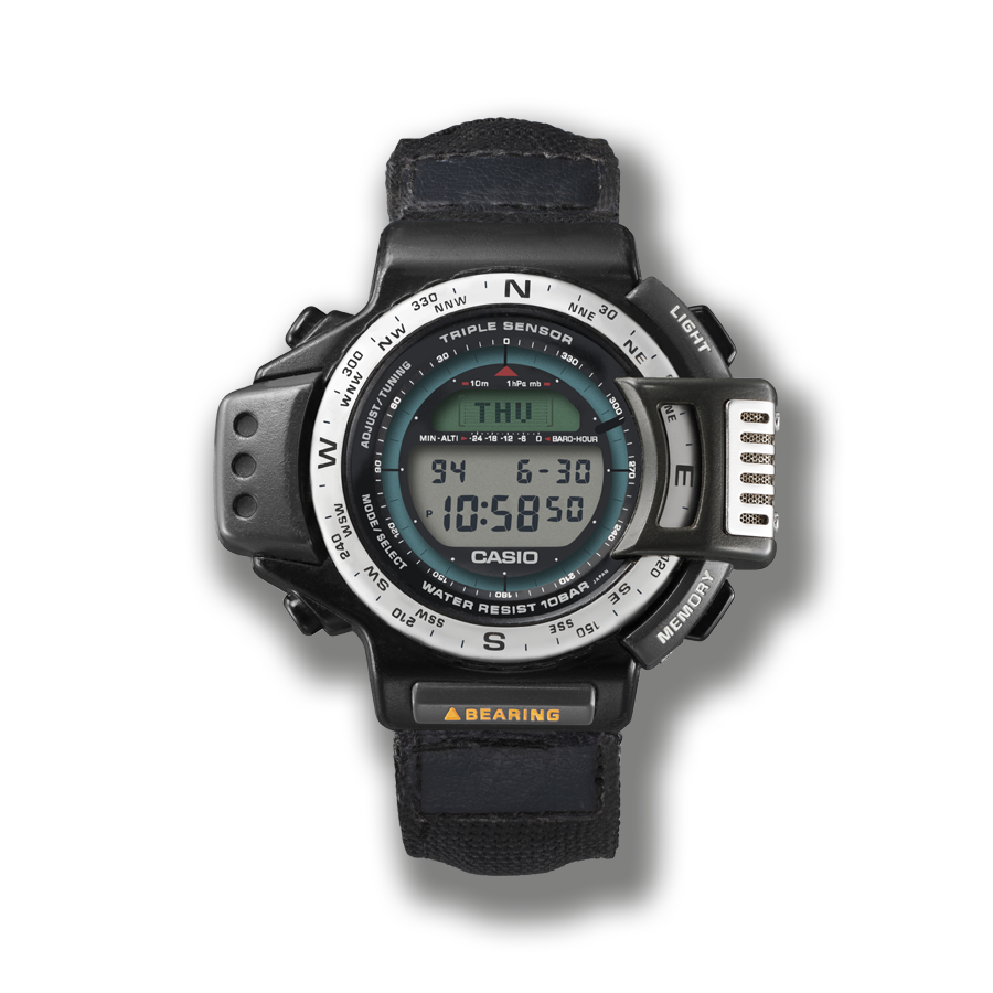 Die ATC-1100 Armbanduhr mit rundem digitalem Gehäuse und massiven Buttons auf der linken und rechten Seite.