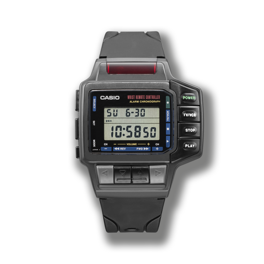 Die Armbanduhr "CMD-10" mit rechteckiger Anzeige, grauem Resinarmband und vier Buttons auf der rechten Seiten zur Fernseher- Einstellung.