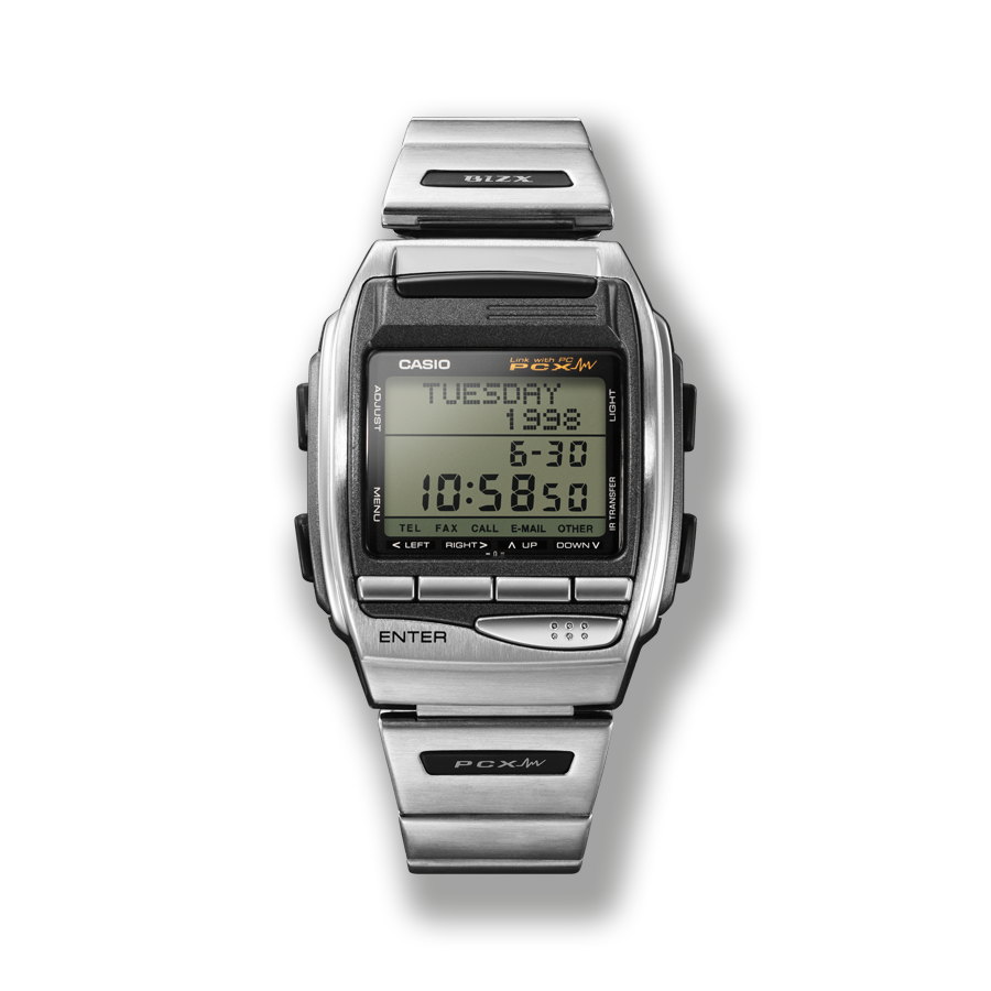Die rechteckige Digitaluhr HBX-100 mit silberfarbenem Armband und Gehäuse sowie vier schmalen Frontbuttons und vier seitlichen Buttons rechts und links vom Display.