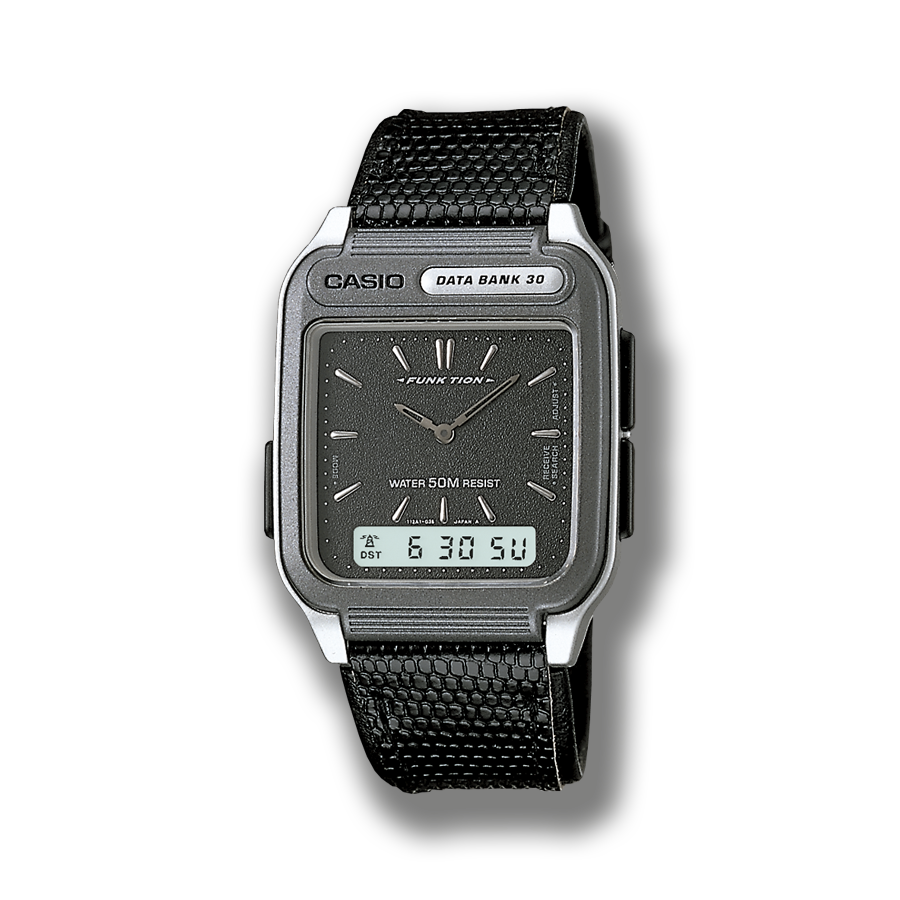 Die analoge Armbanduhr FKT-100 mit silbernem Display, grauem Stoffband und kleiner Datumsanzeige im unteren Teil des Gehäuses.